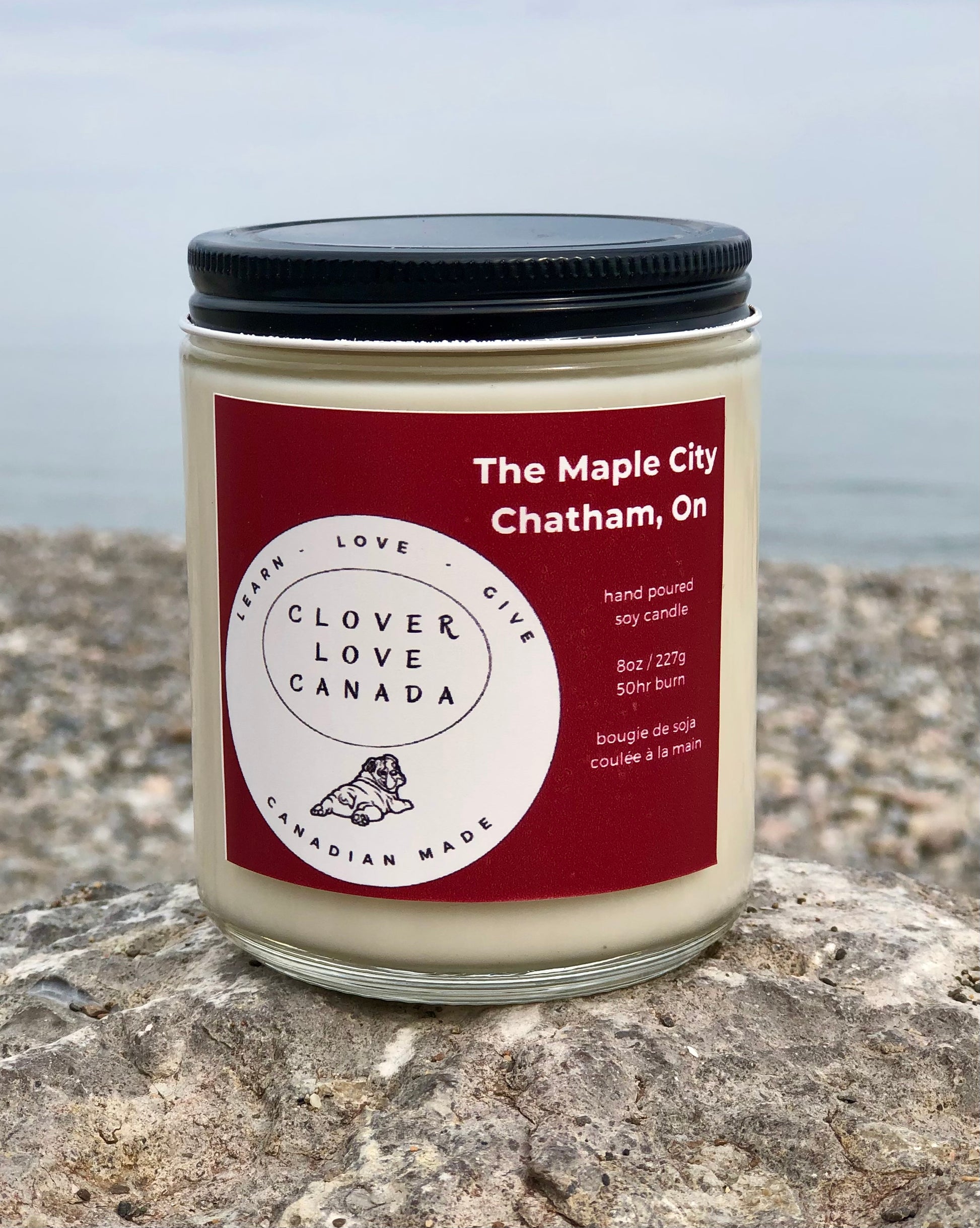 8 oz candle, red label, The Maple City, Chatham ON