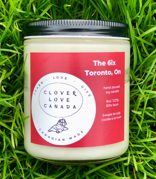 8 oz candle in grass with red label The 6ix Toronto ON